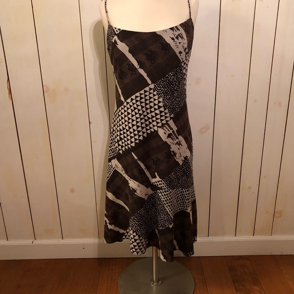 BCBG asymmetrical dress in brown/cream pattern